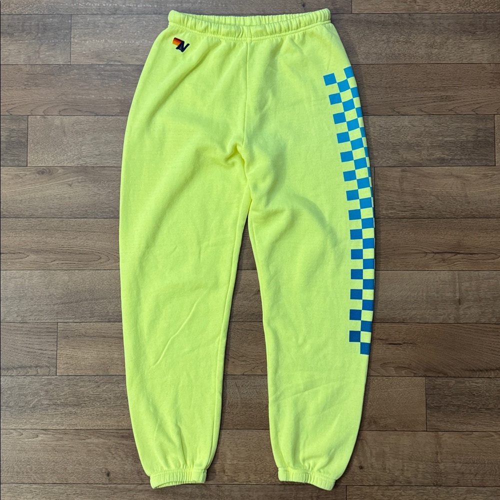 Aviator Nation Size Large Check Leg Sweatpants In Neon Yellow Quiet Luxury Soft